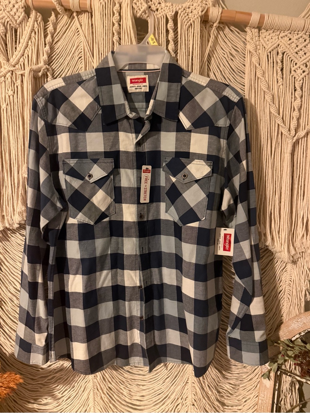 Wrangler Navy and White Check Western Button-Down Shirt